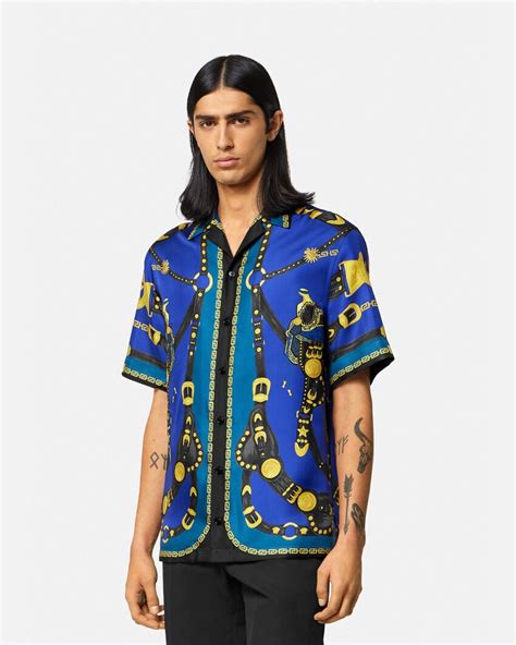 versace silk blue shirt short sleeves|wholesale Versace silk shirts.